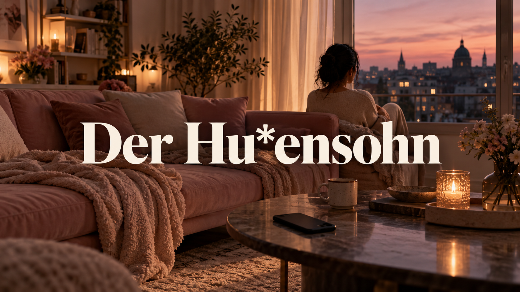 Symbolische Wohnzimmerszene zwischen Tageslicht und Abend mit dem Titel Der Hu*ensohn