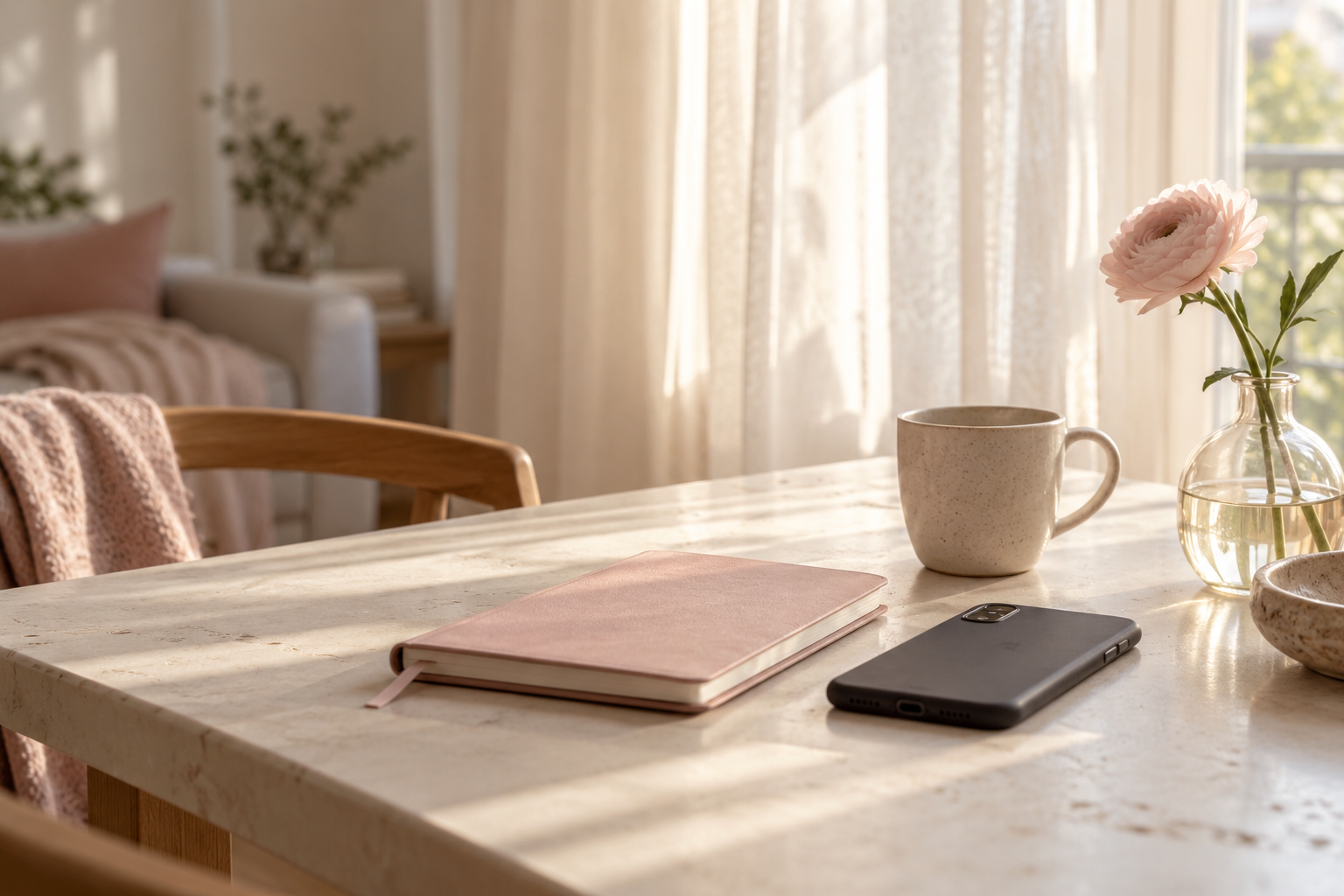 KI-Symbolbild eines cremefarbenen Tisches mit rosa Notizbuch, umgedrehtem Smartphone und weichem Tageslicht